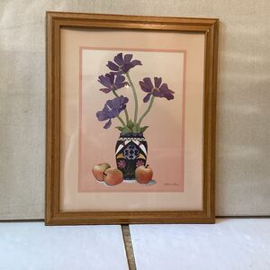 vintage E. Mandel 22”x18” 1980’s litho print  apples vase purple flowers framed